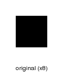 convert -size 8x8 "xc:white" -fill black -draw "rectangle 2,2,5,5" -filter point -resize 200% -filter point -resize 800% t_orgw.png
